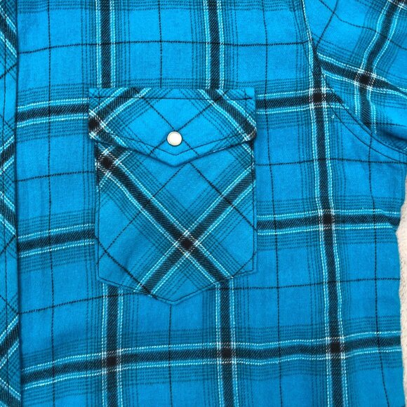 Wrangler Mens Shirt Large Long Sleeve Pearl Snaps Plaid Casual Classic Y2K Blue - Picture 9 of 11